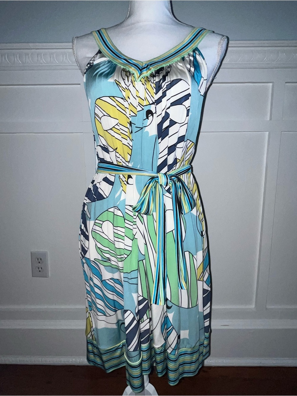BCBGMaxAzria Teal, Blue & Green Printed Belted Dress